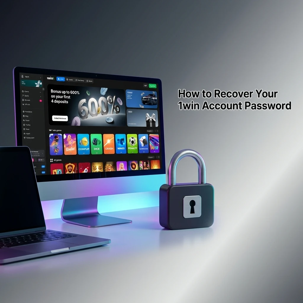 1win account password recovery steps showing forgot password option, reset link via email or SMS, and login form